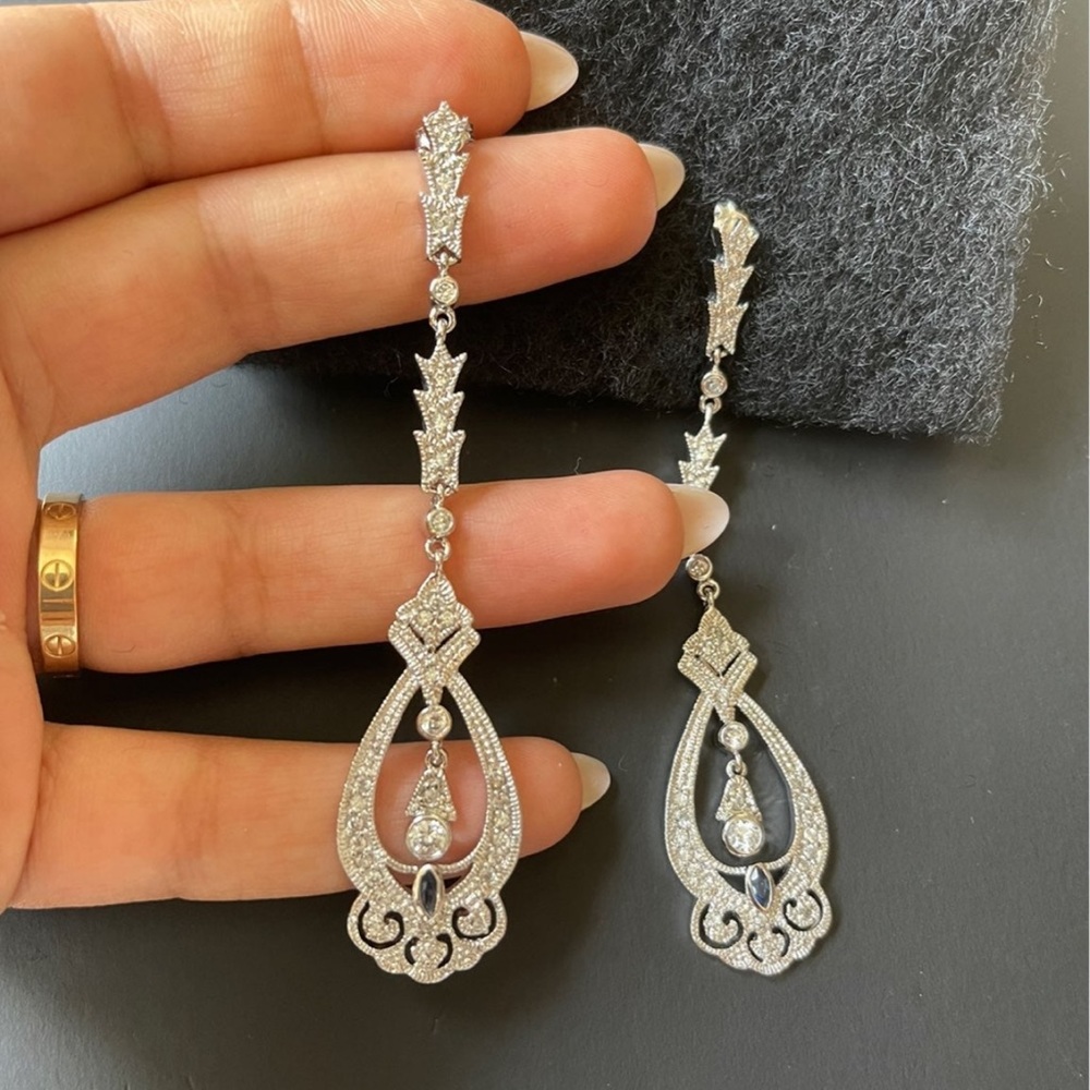 Long Silver Earrings with Crystals